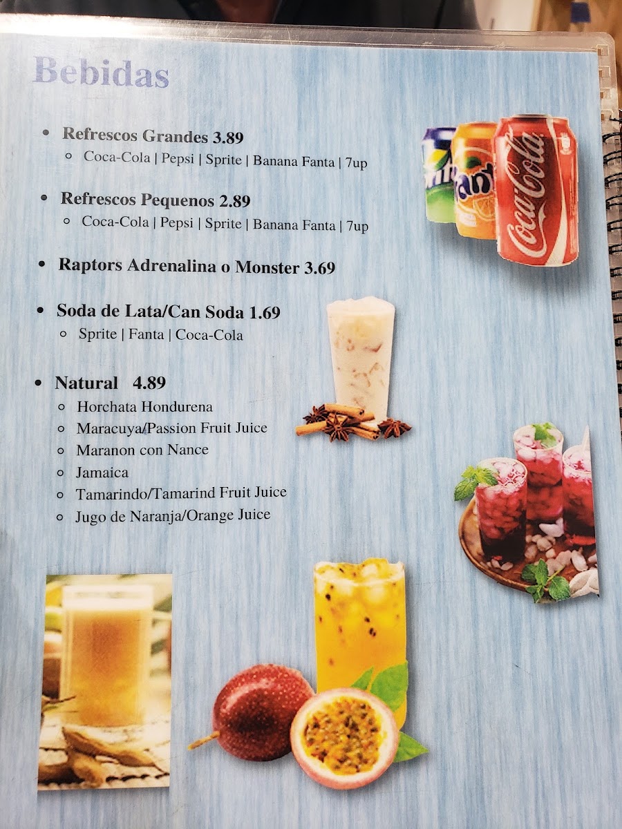 Nuestra Honduras Restaurante y Taqueria #2 menu board