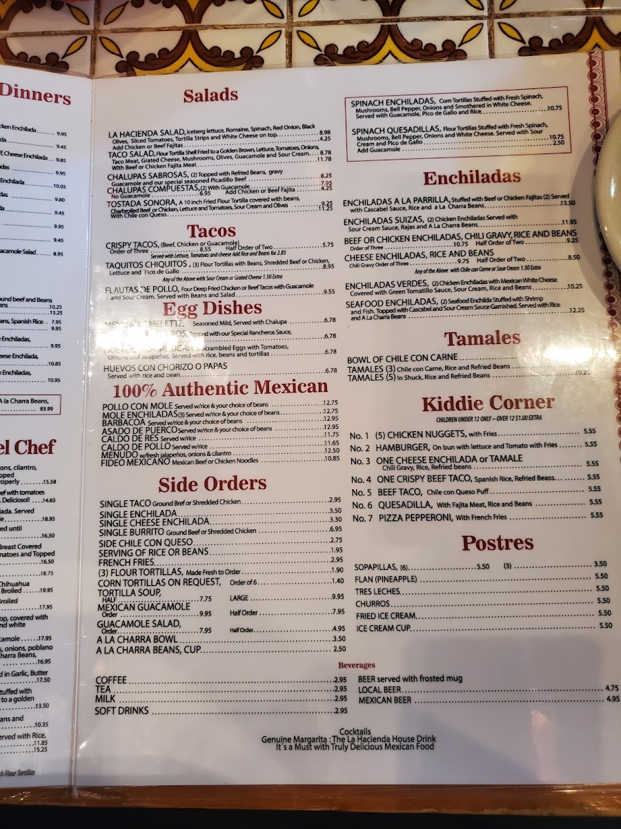 La Hacienda Mexican Restaurant menu board