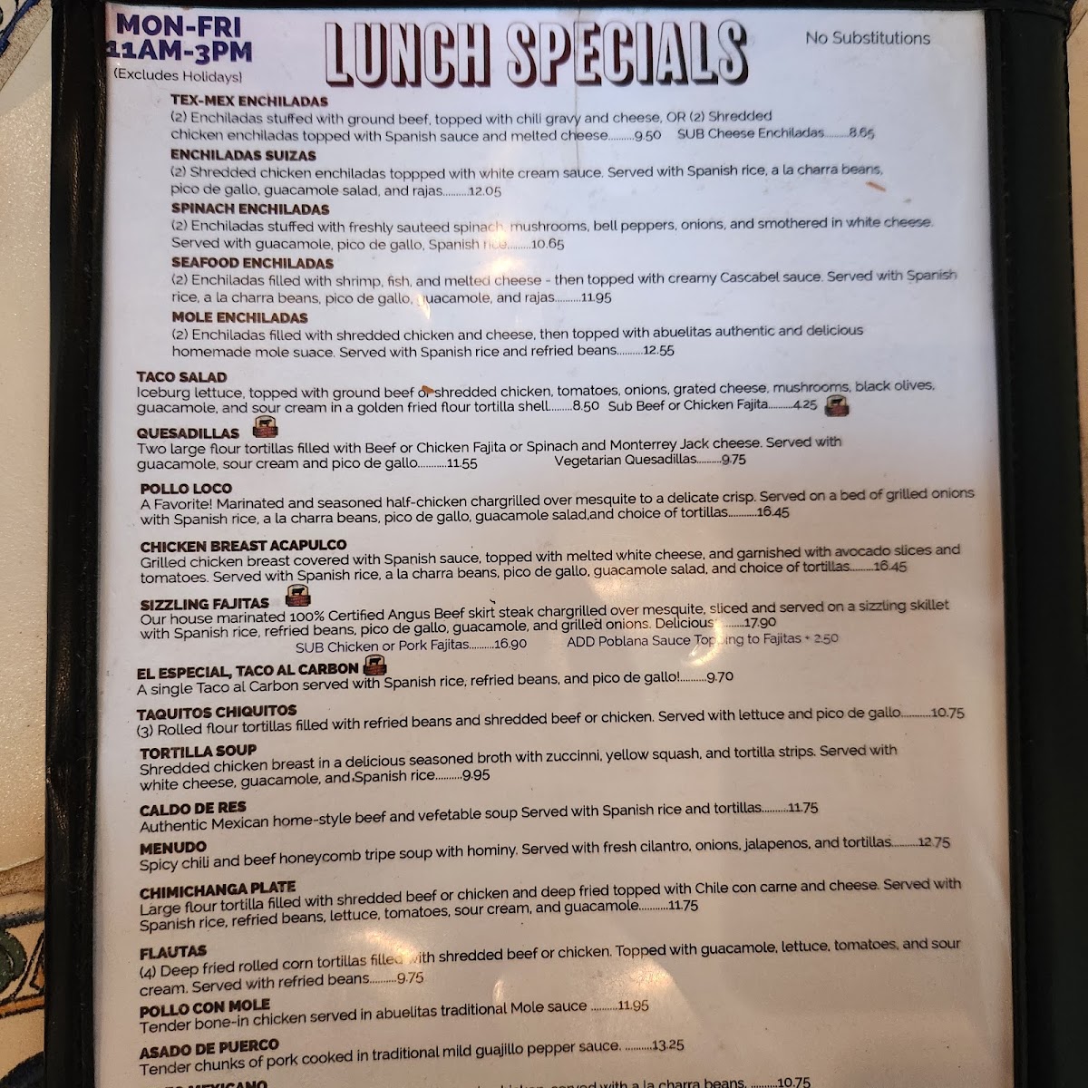 La Hacienda Mexican Restaurant menu board