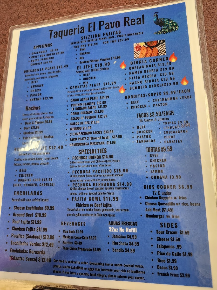 Taqueria El Pavo Real menu board