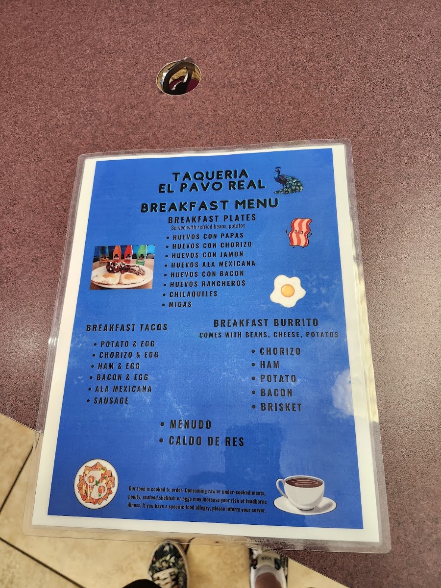 Taqueria El Pavo Real menu board