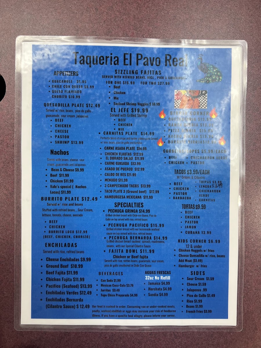 Taqueria El Pavo Real menu board