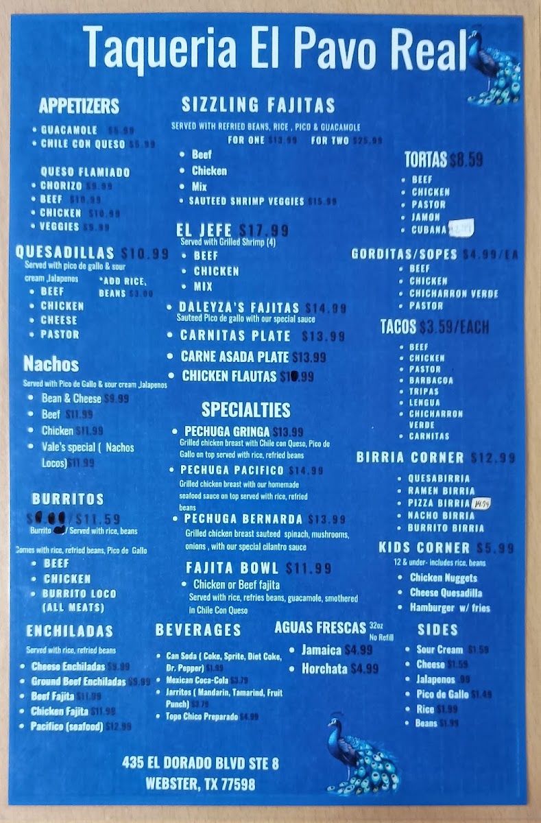 Taqueria El Pavo Real menu board