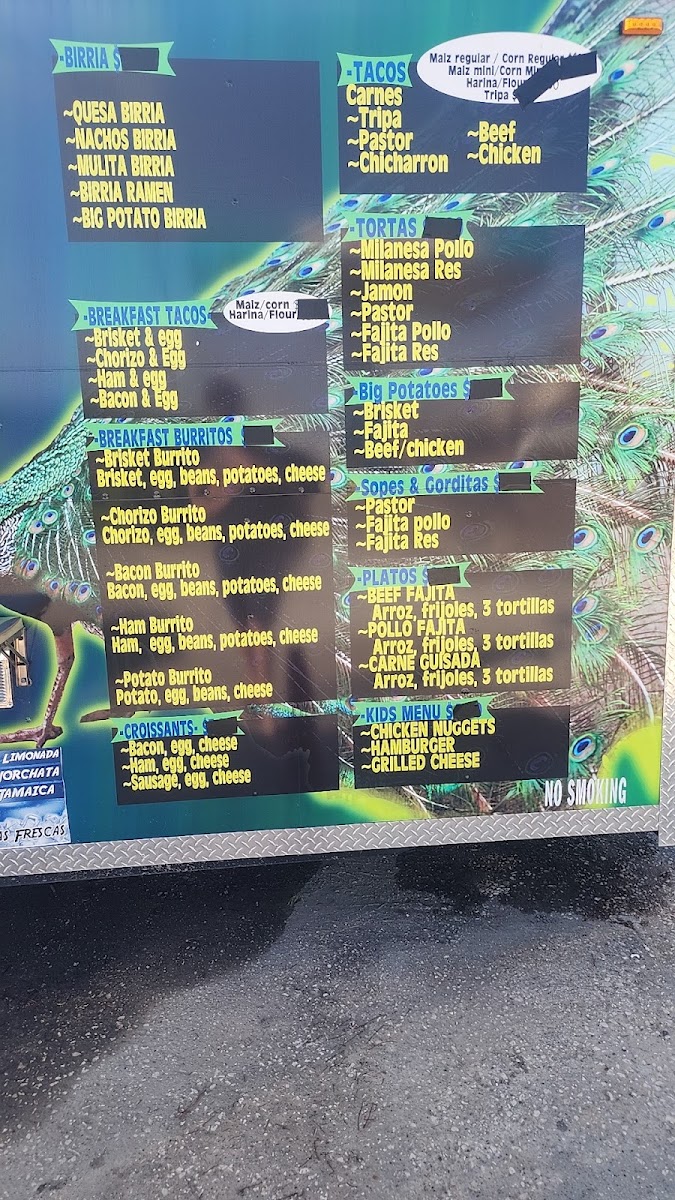 Taqueria El Pavo Real menu board