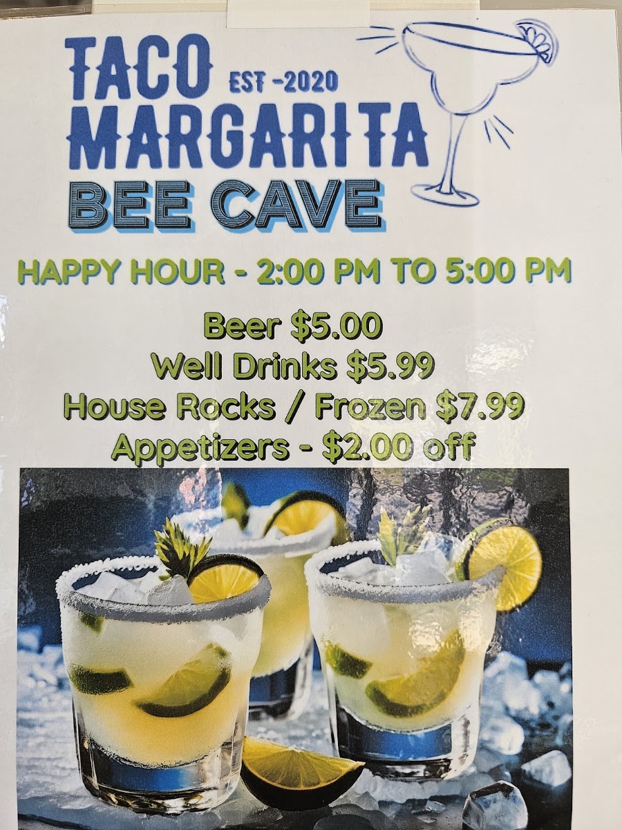 Taco Margarita Bee Cave menu board