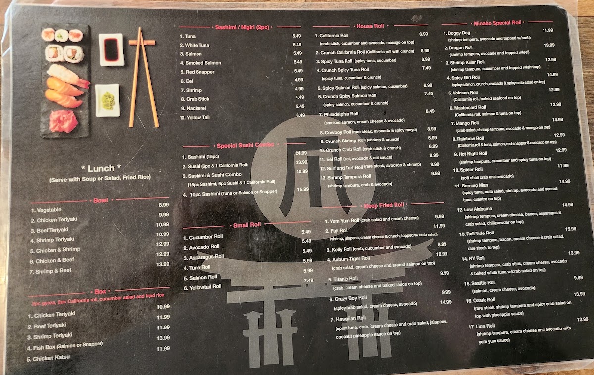 Minako Japanese Restaurant menu board