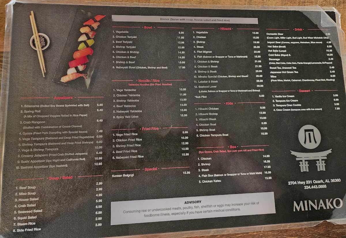 Minako Japanese Restaurant menu board
