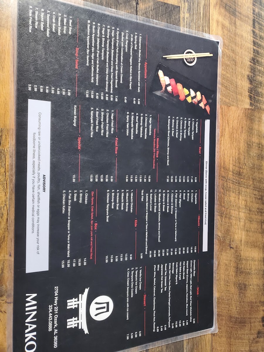 Minako Japanese Restaurant menu board