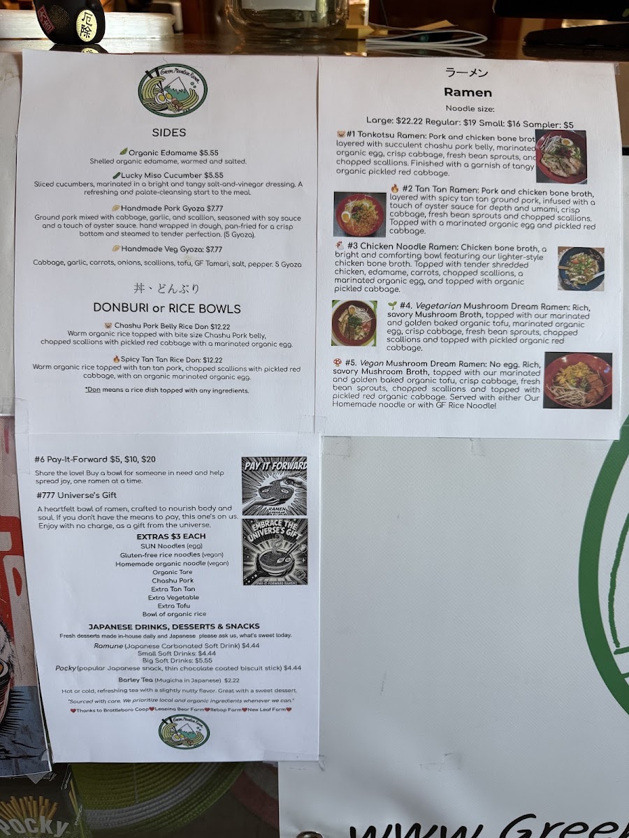 Green Mountain Ramen LLC menu board