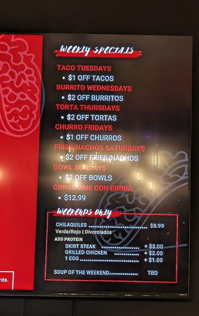 Taco Amor Brookfield menu board