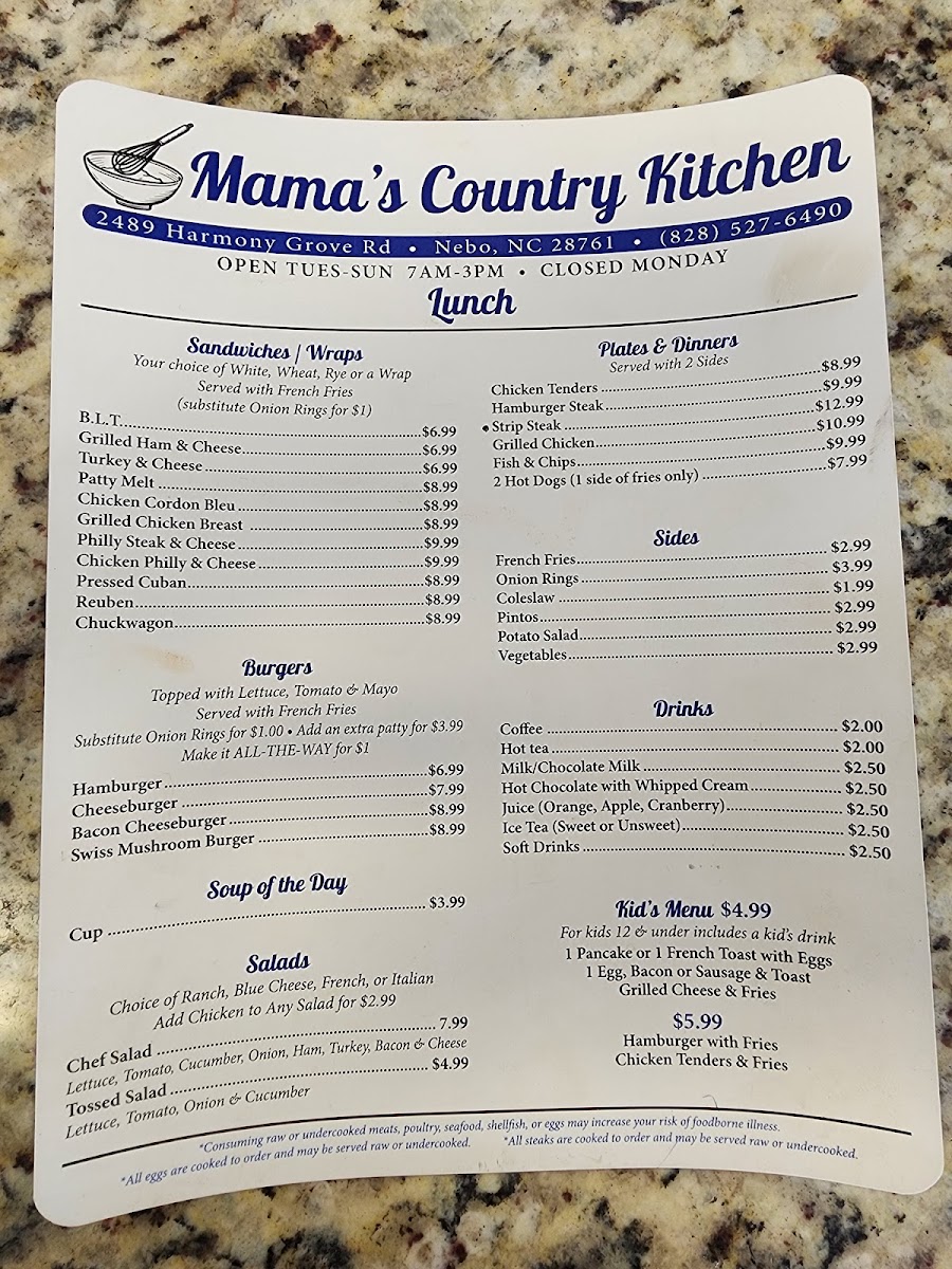 Mamas country kitchen menu board