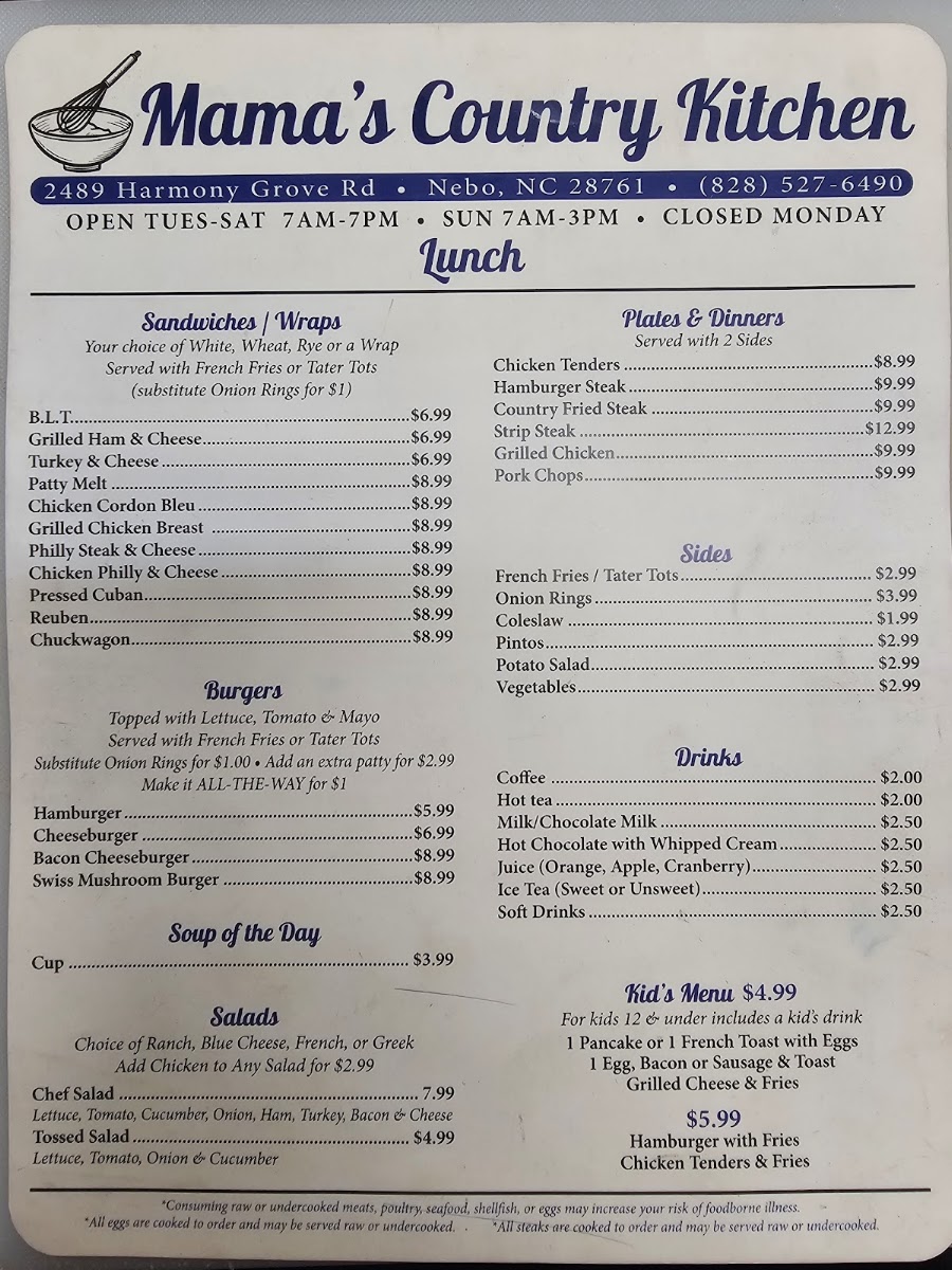 Mamas country kitchen menu board