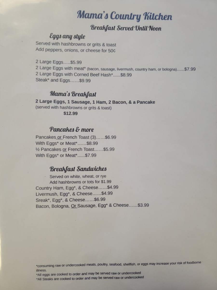 Mamas country kitchen menu board
