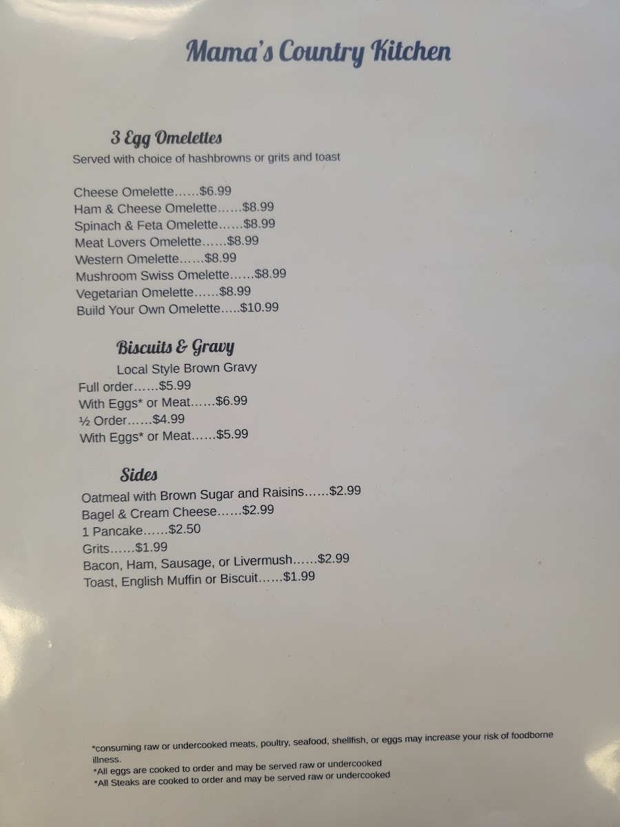 Mamas country kitchen menu board