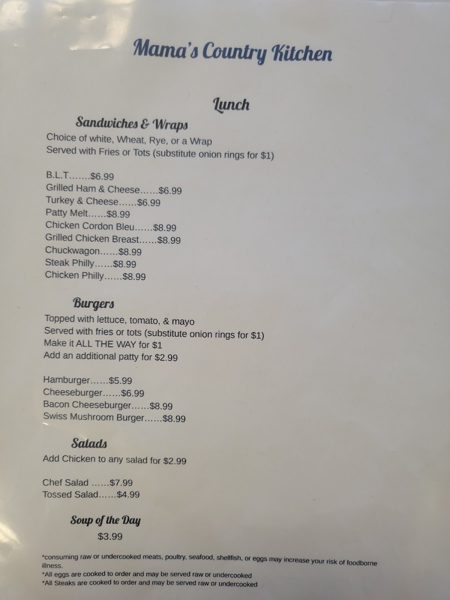 Mamas country kitchen menu board