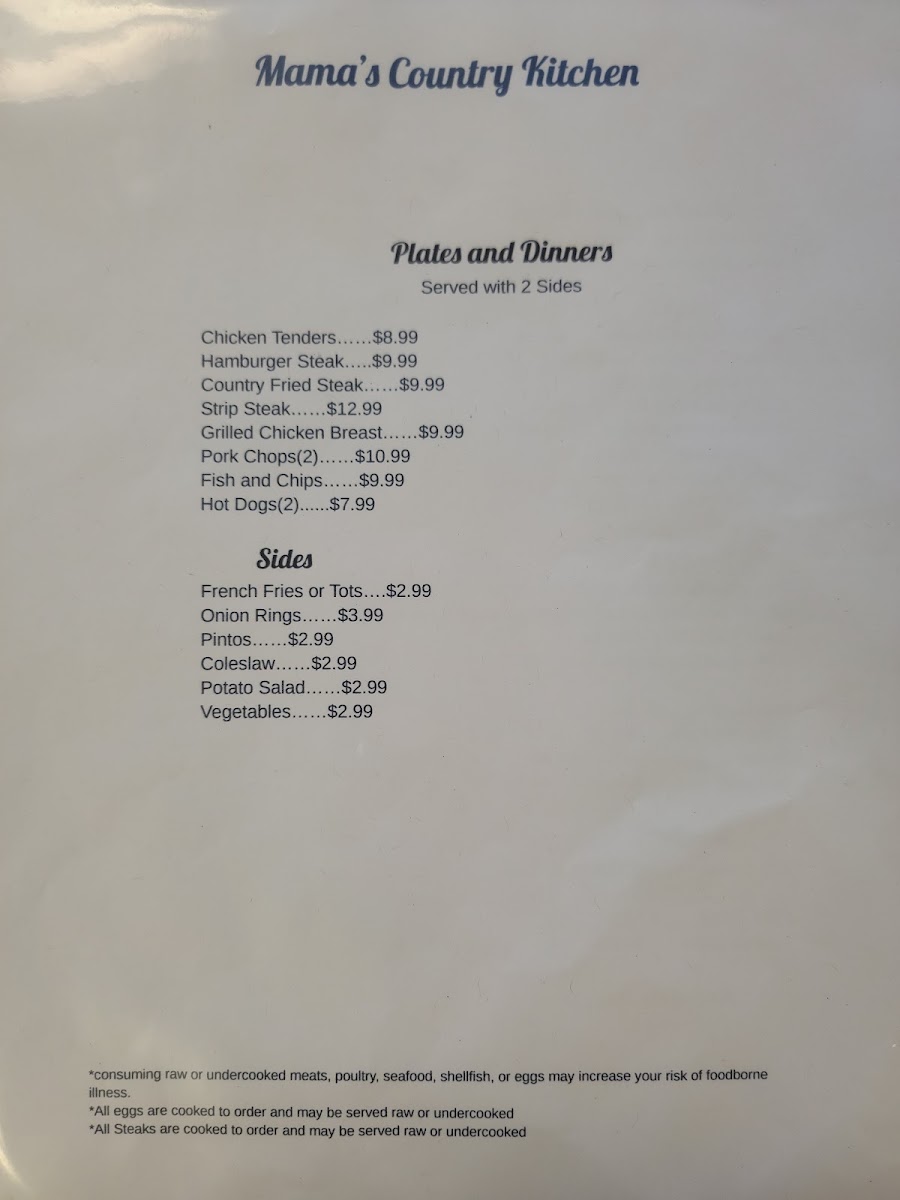 Mamas country kitchen menu board
