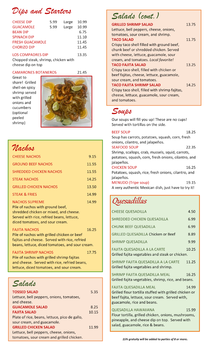 Los Compadres Mex Grill menu board