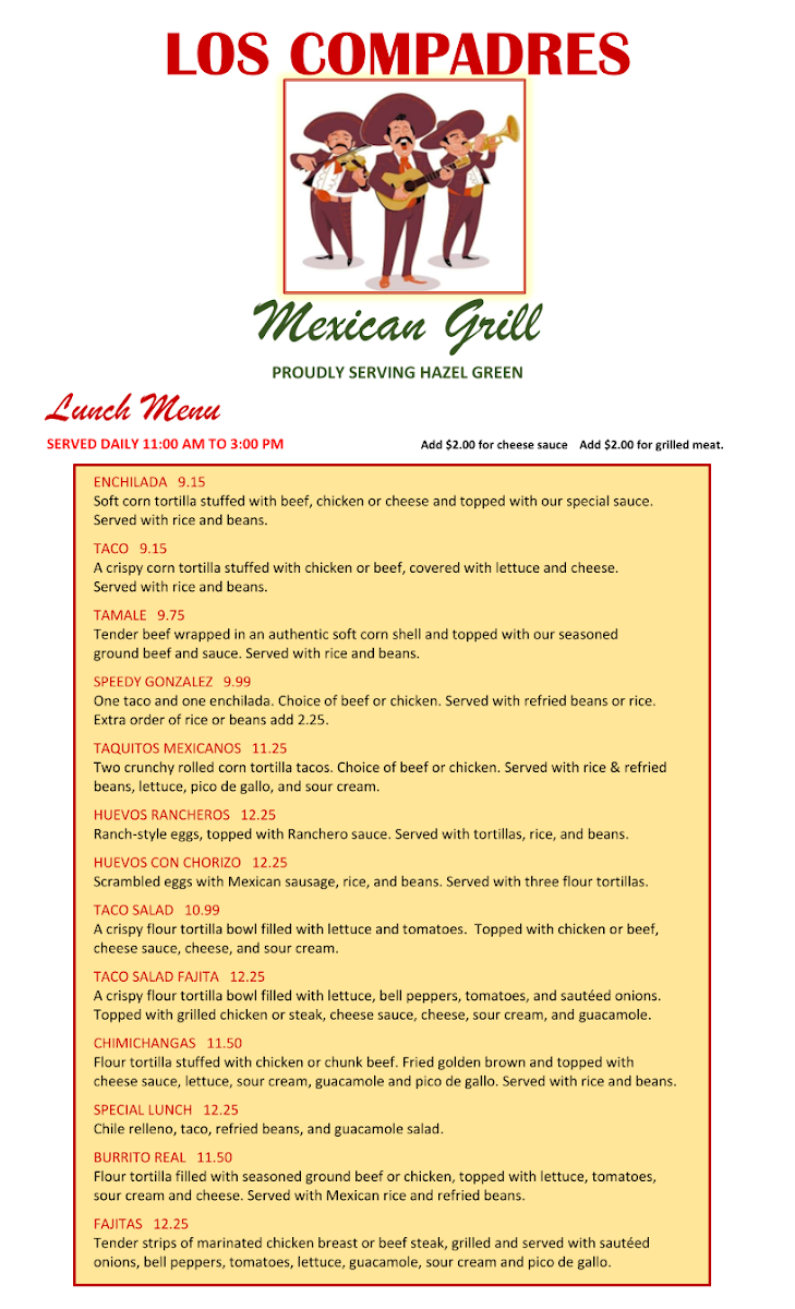 Los Compadres Mex Grill menu board