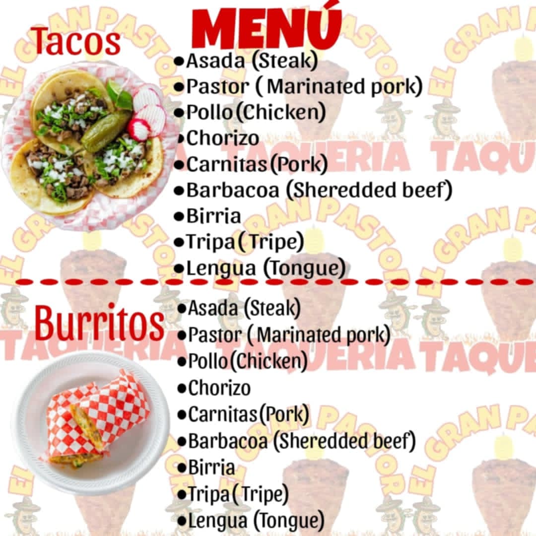 El Gran Pastor Taqueria menu board