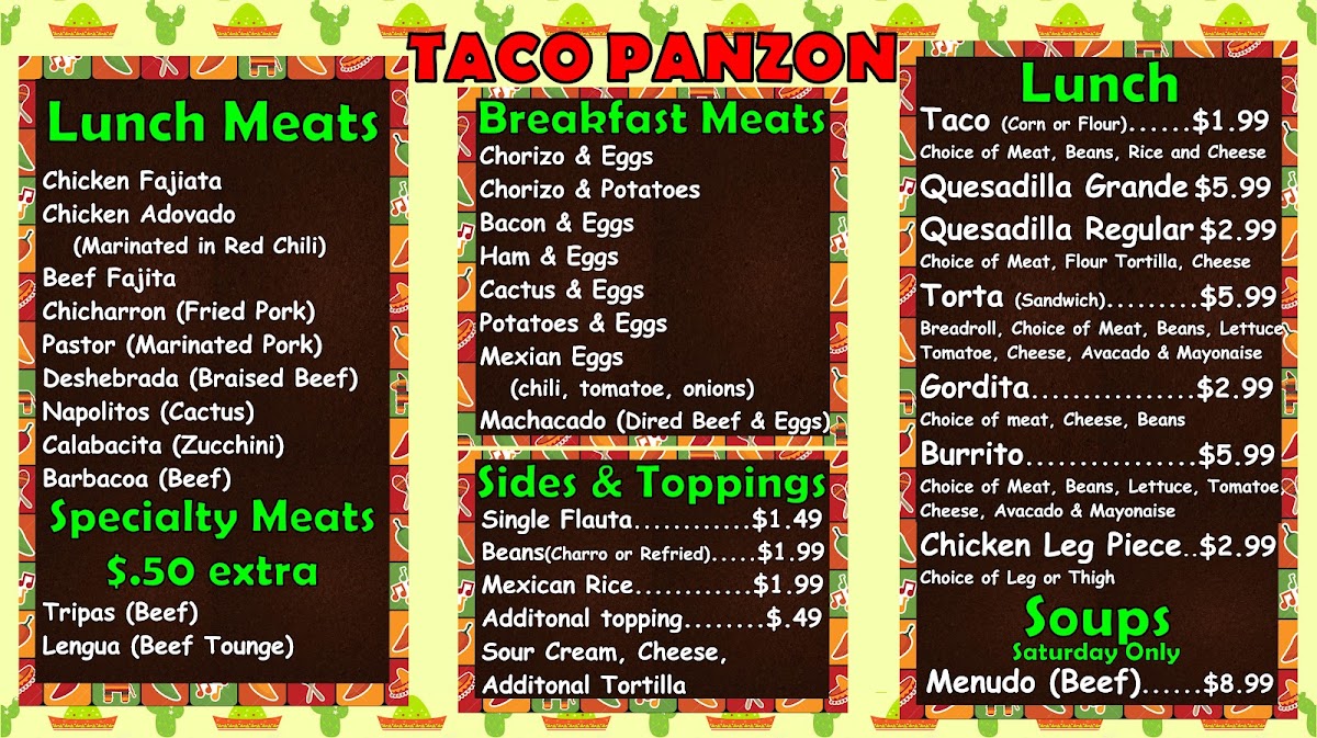 El Taco Panzon menu board
