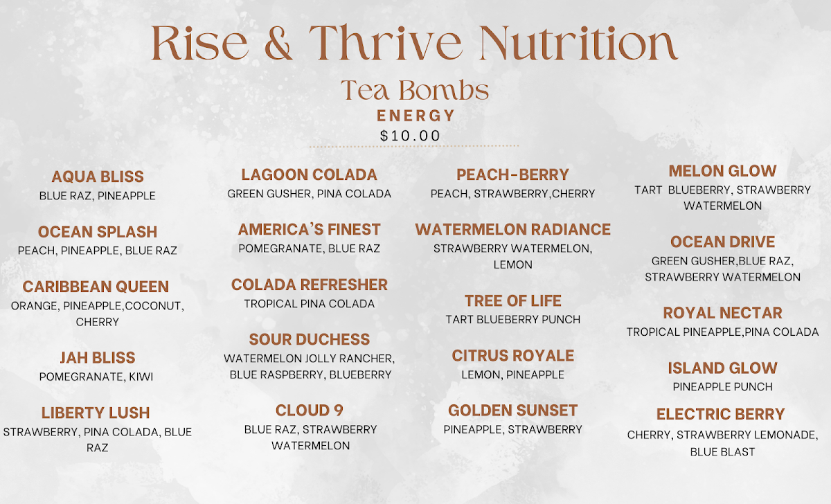Rise & Thrive Nutrition menu board