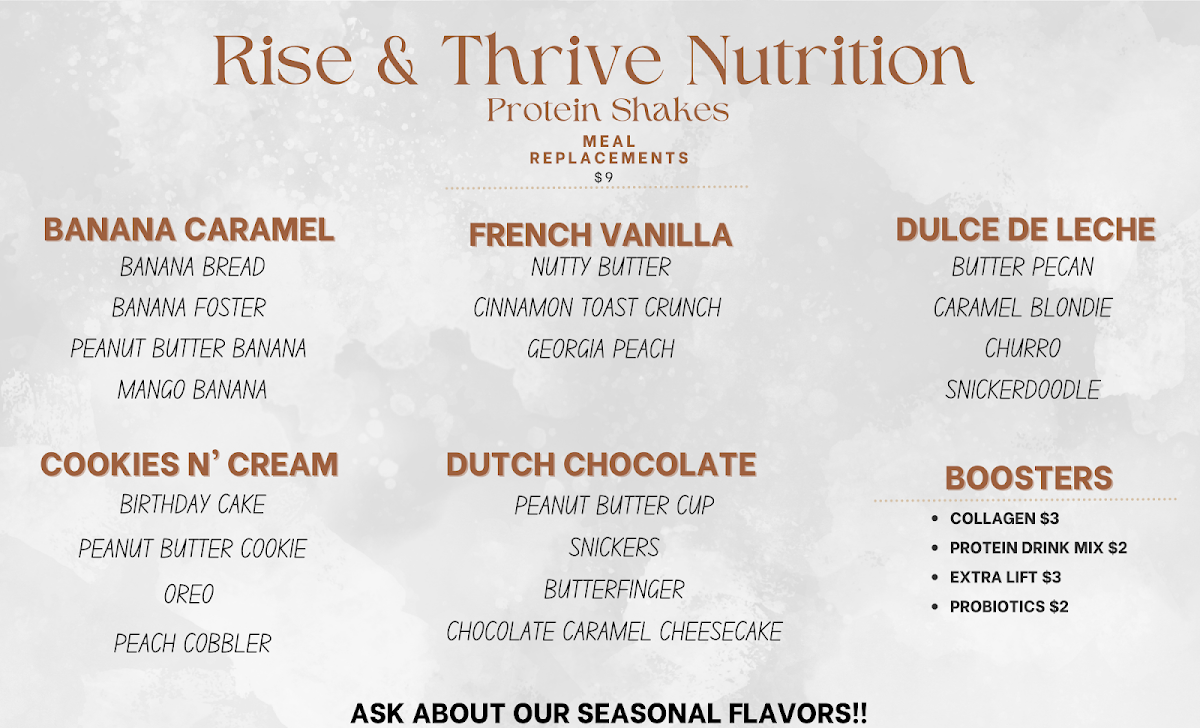 Rise & Thrive Nutrition menu board