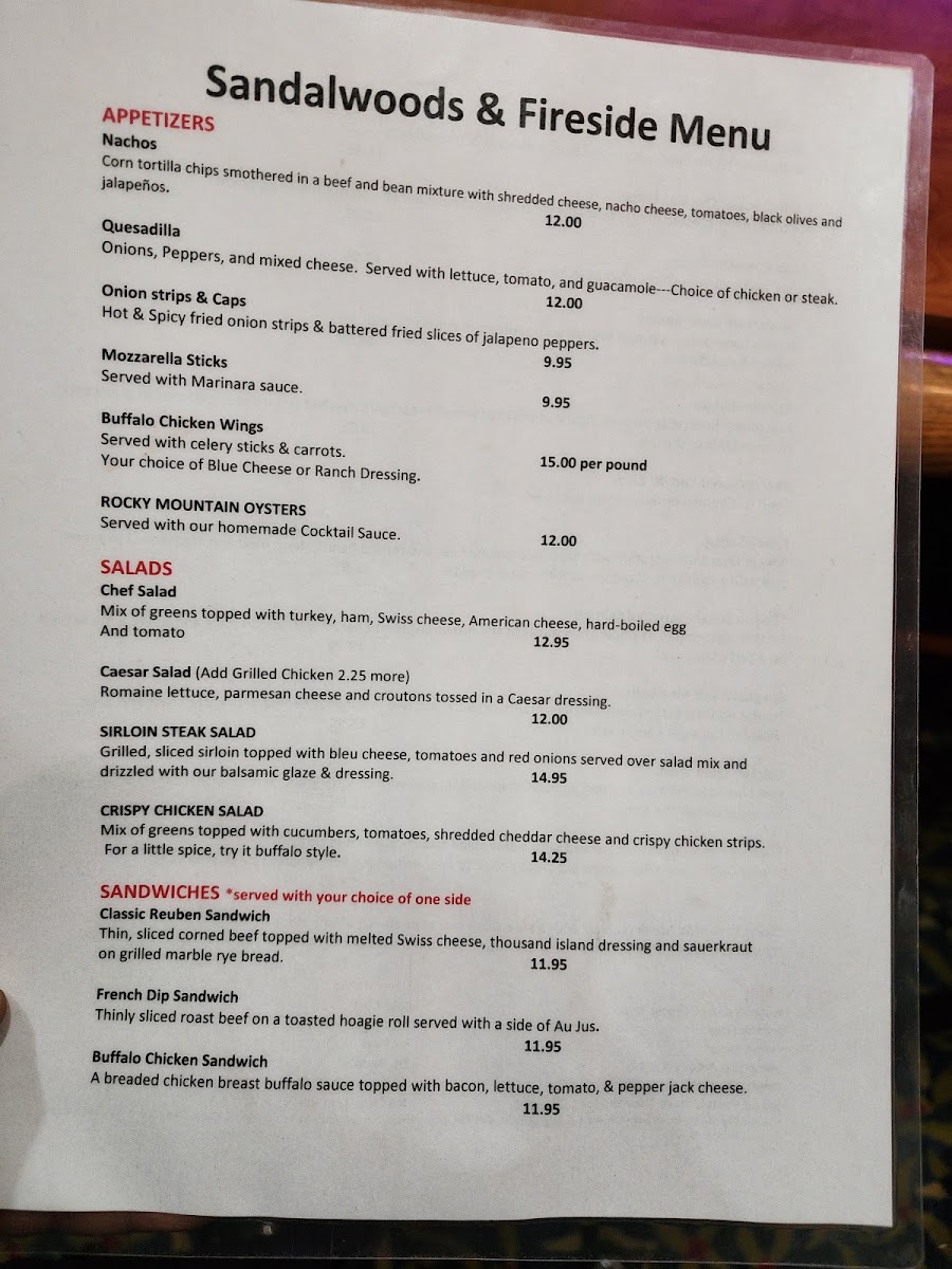 Sandalwood's menu board