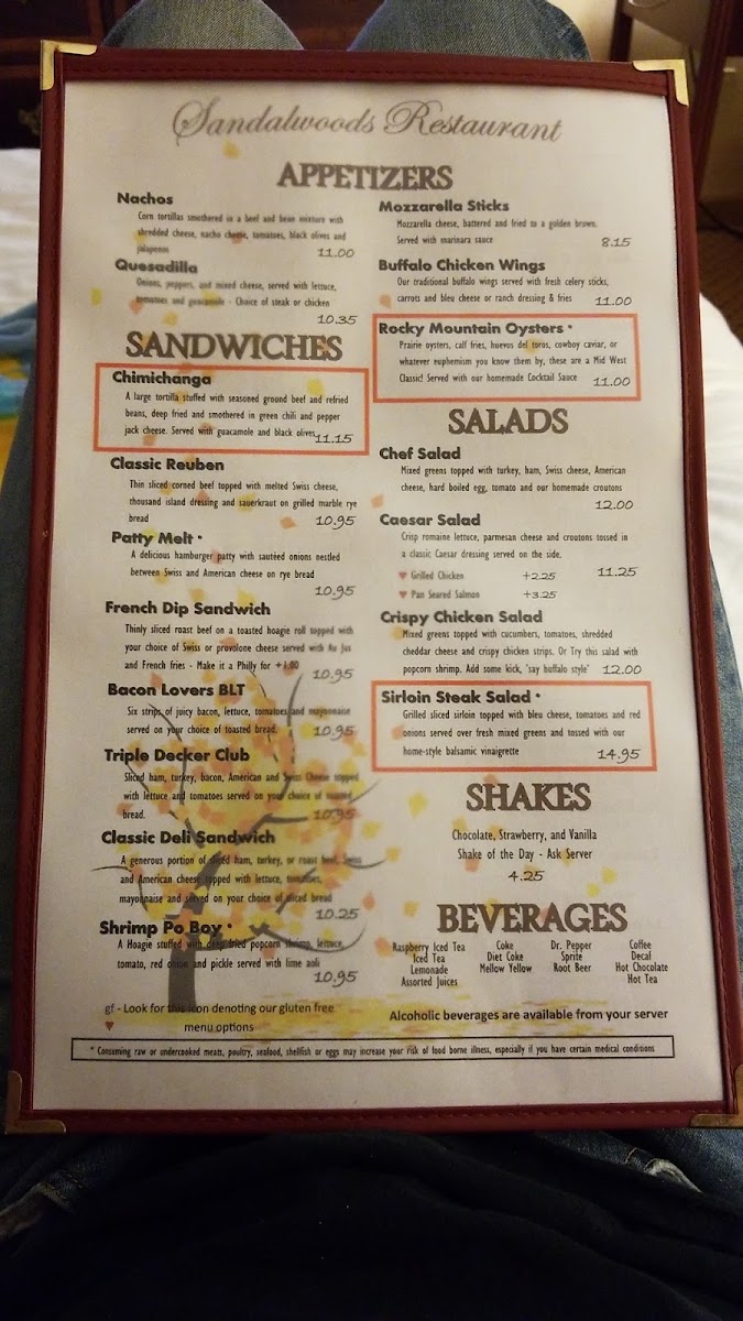 Sandalwood's menu board