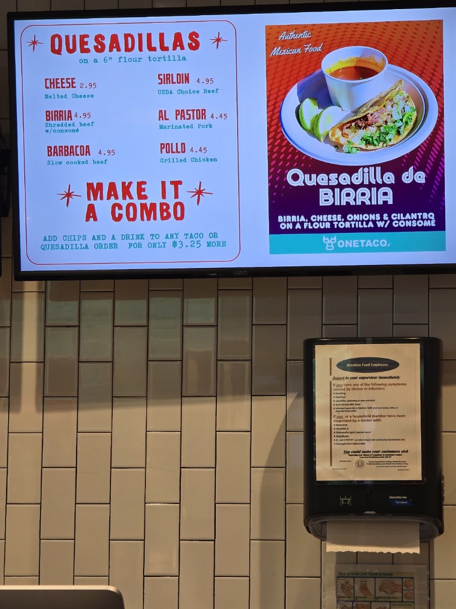 One Taco @ Bee Cave menu board