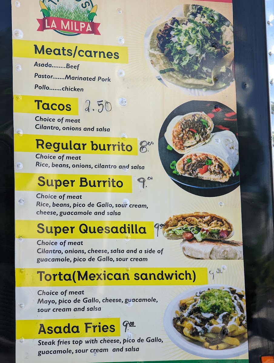 Tacos La Milpa menu board