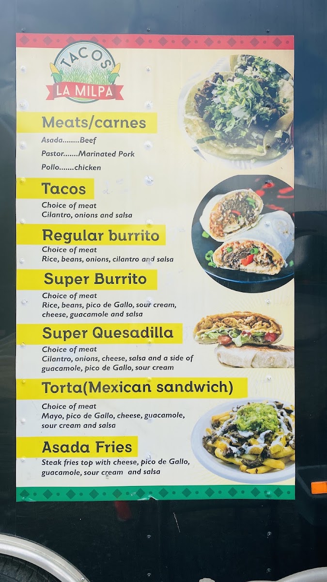Tacos La Milpa menu board