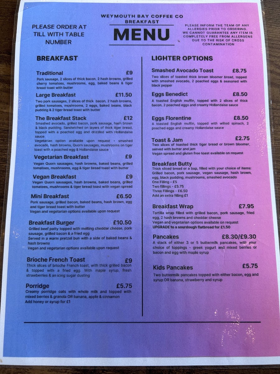 Weymouth Bay Coffee Co menu board
