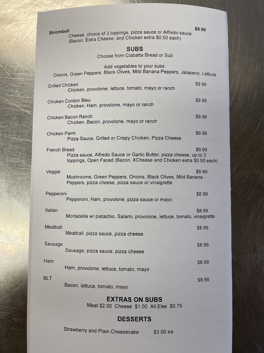Eliseo's Pizza menu board