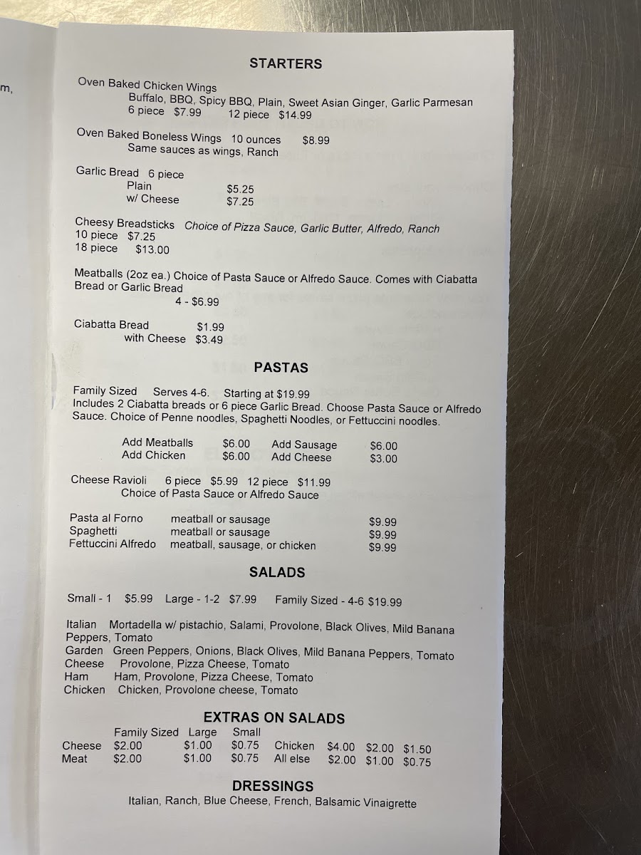Eliseo's Pizza menu board