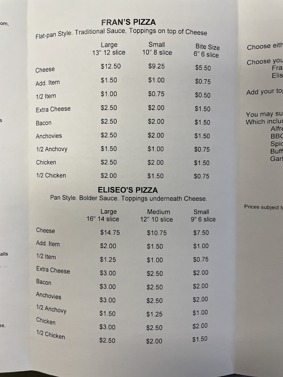 Eliseo's Pizza menu board