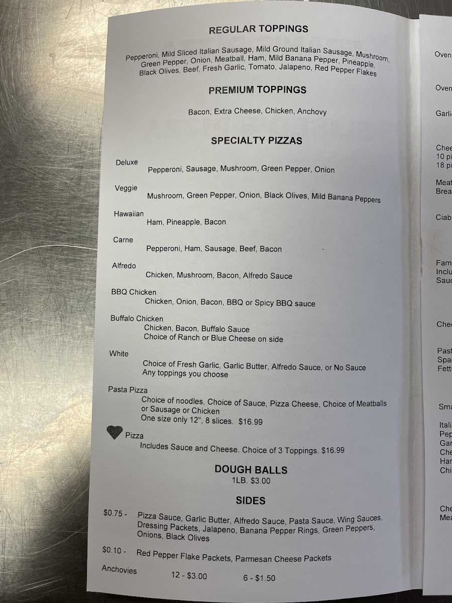 Eliseo's Pizza menu board