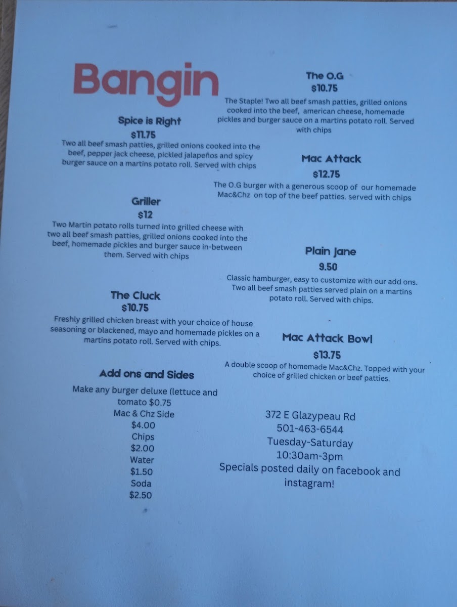 Bangin Food Truck menu board