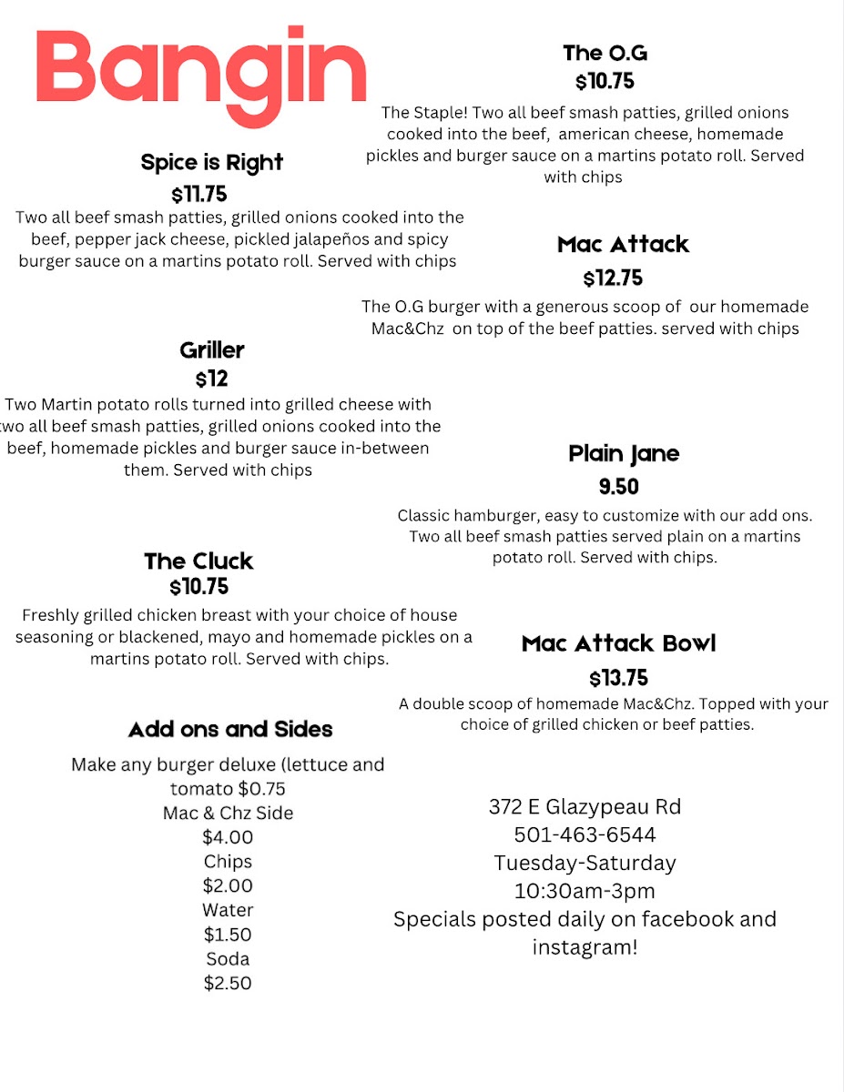 Bangin Food Truck menu board