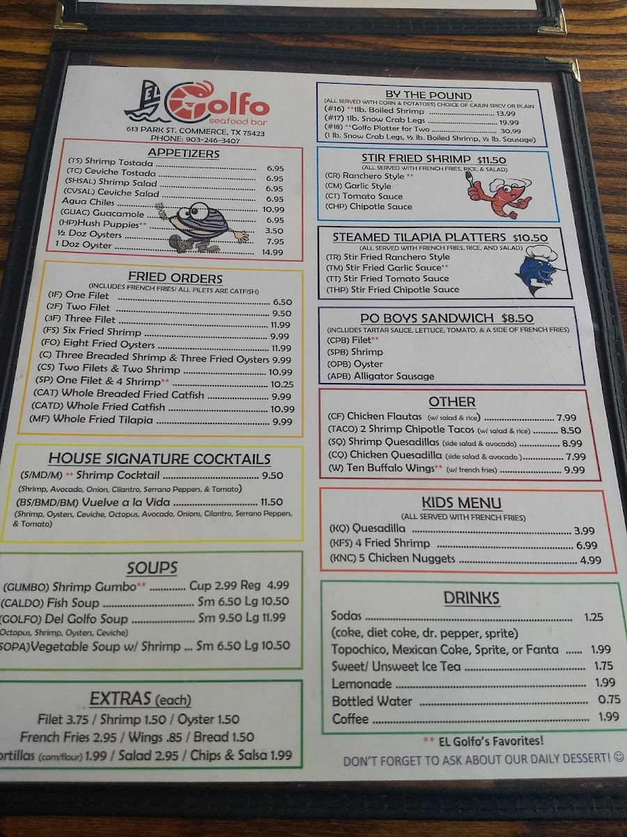 Mariscos Del Golfo menu board