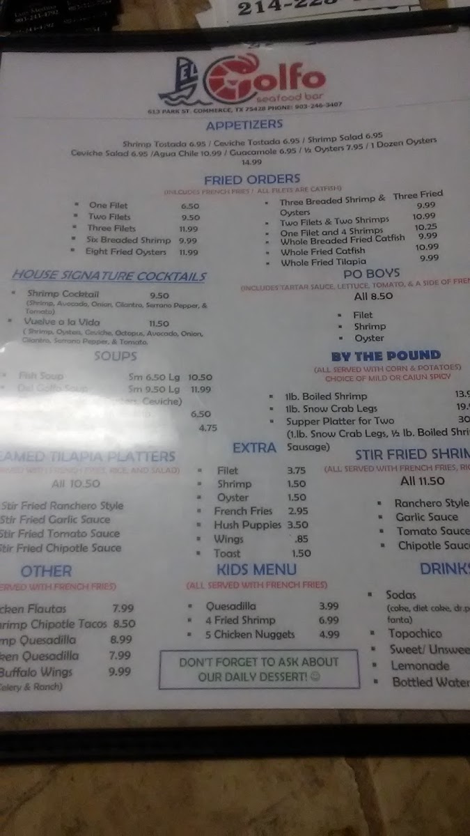 Mariscos Del Golfo menu board