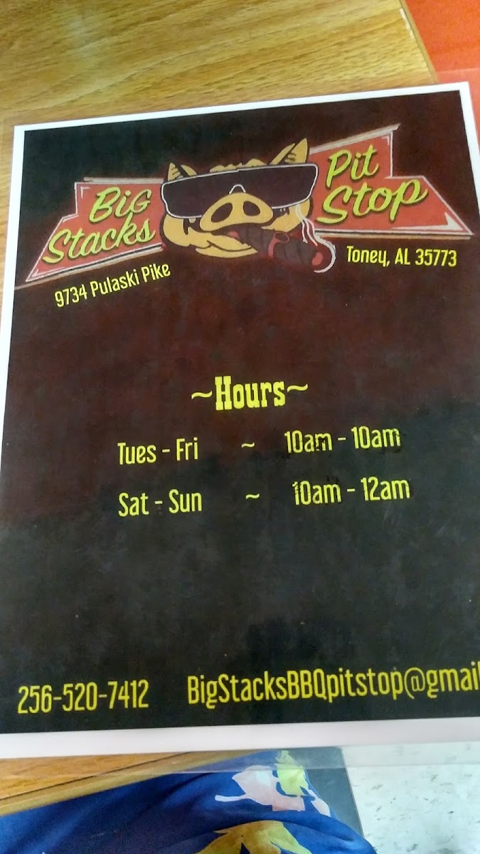 Big Stacks Pit Stop BBQ menu board