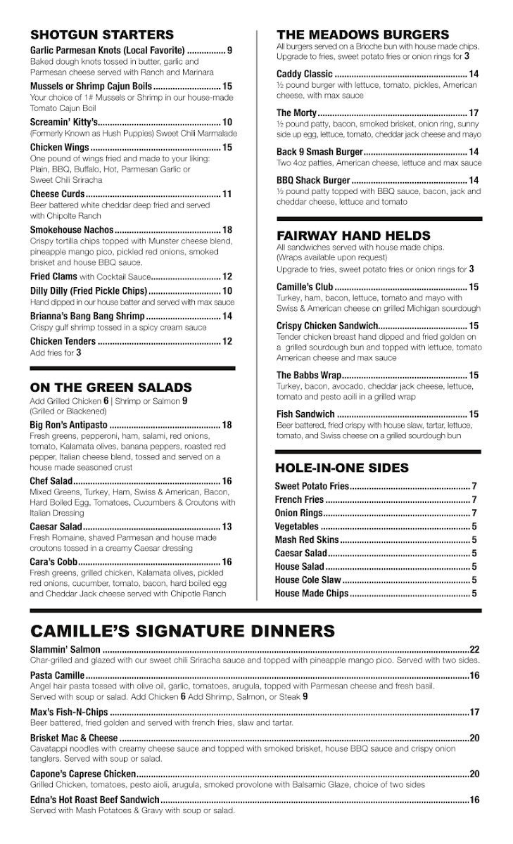 Little Camille's By The Green @ Michigan Meadows Golf menu board