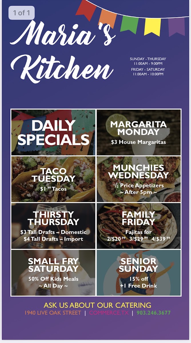 Maria’s Kitchen Mexican Cuisine and Cantina menu board