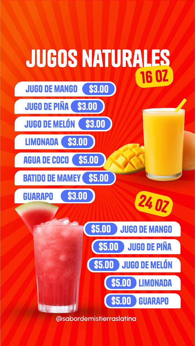 Sabor De Mis Tierras Latina Food Truck menu board