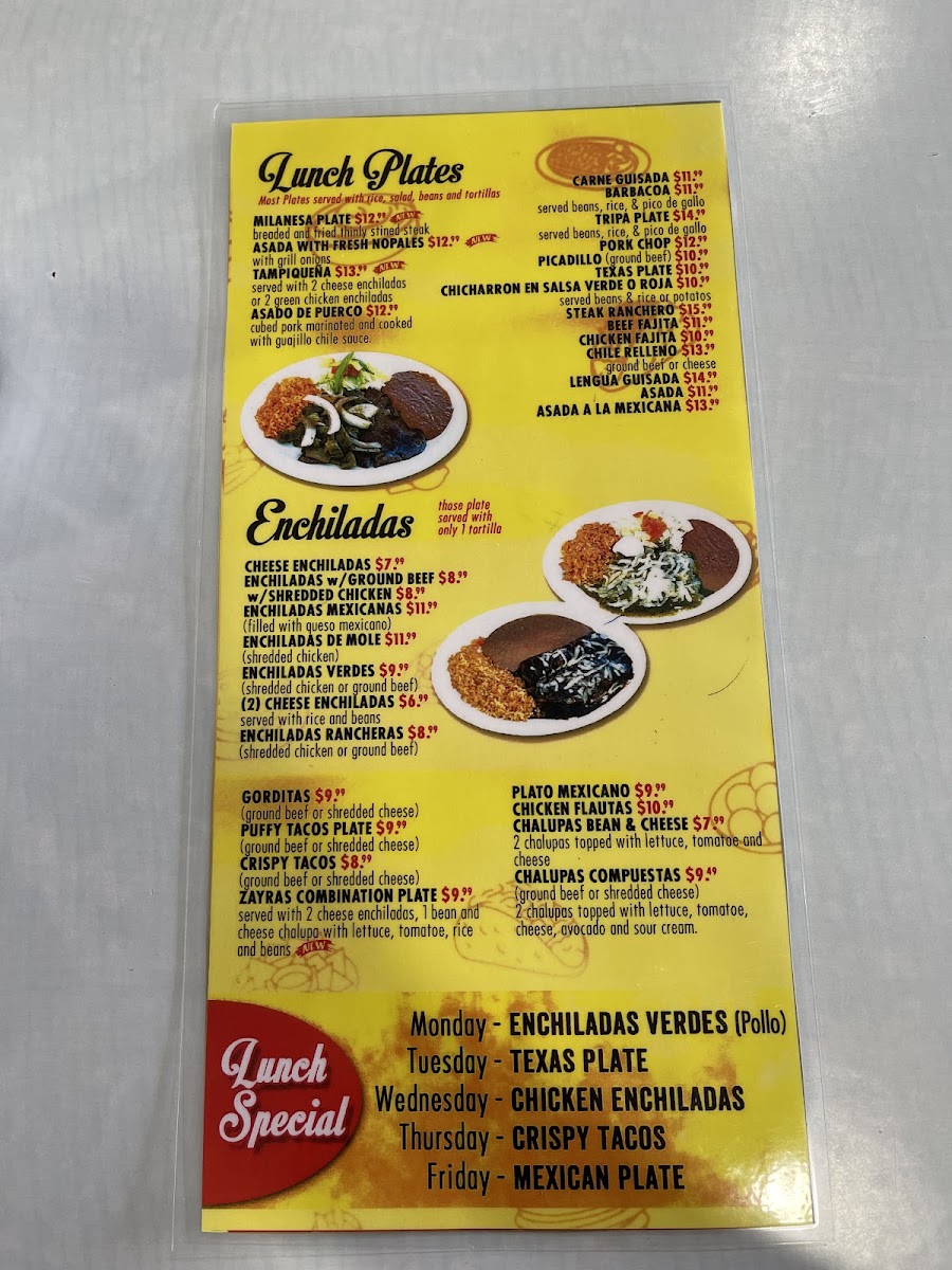 Zayra's Mexican Restaurant menu board