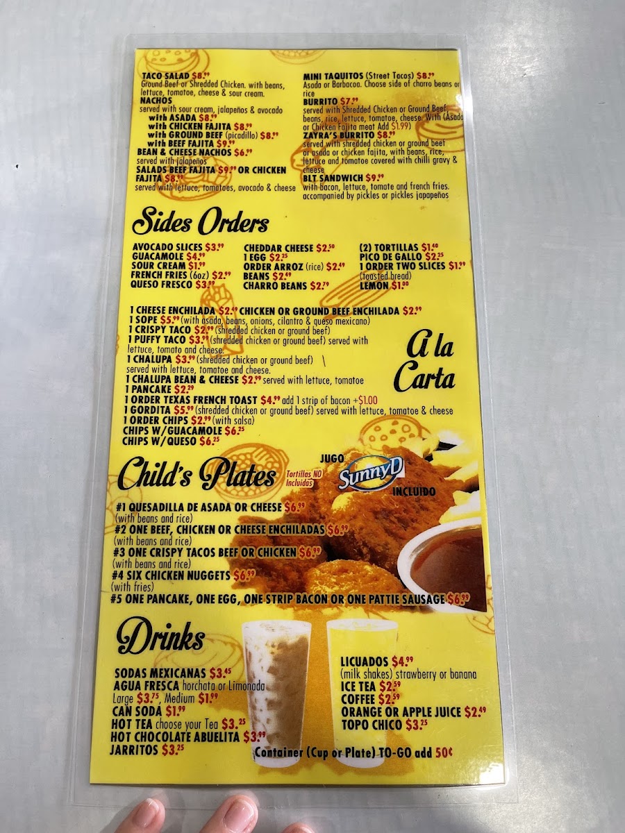 Zayra's Mexican Restaurant menu board
