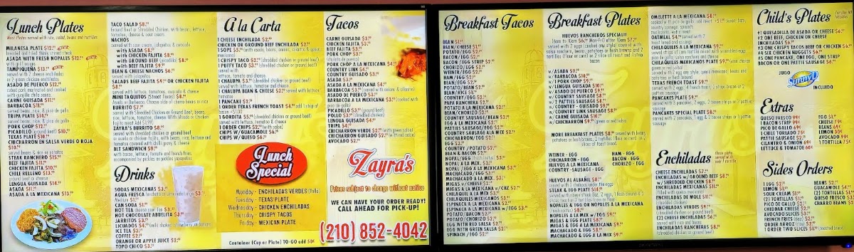 Zayra's Mexican Restaurant menu board