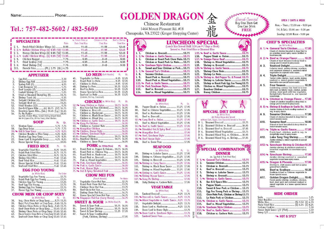 Golden Dragon menu board