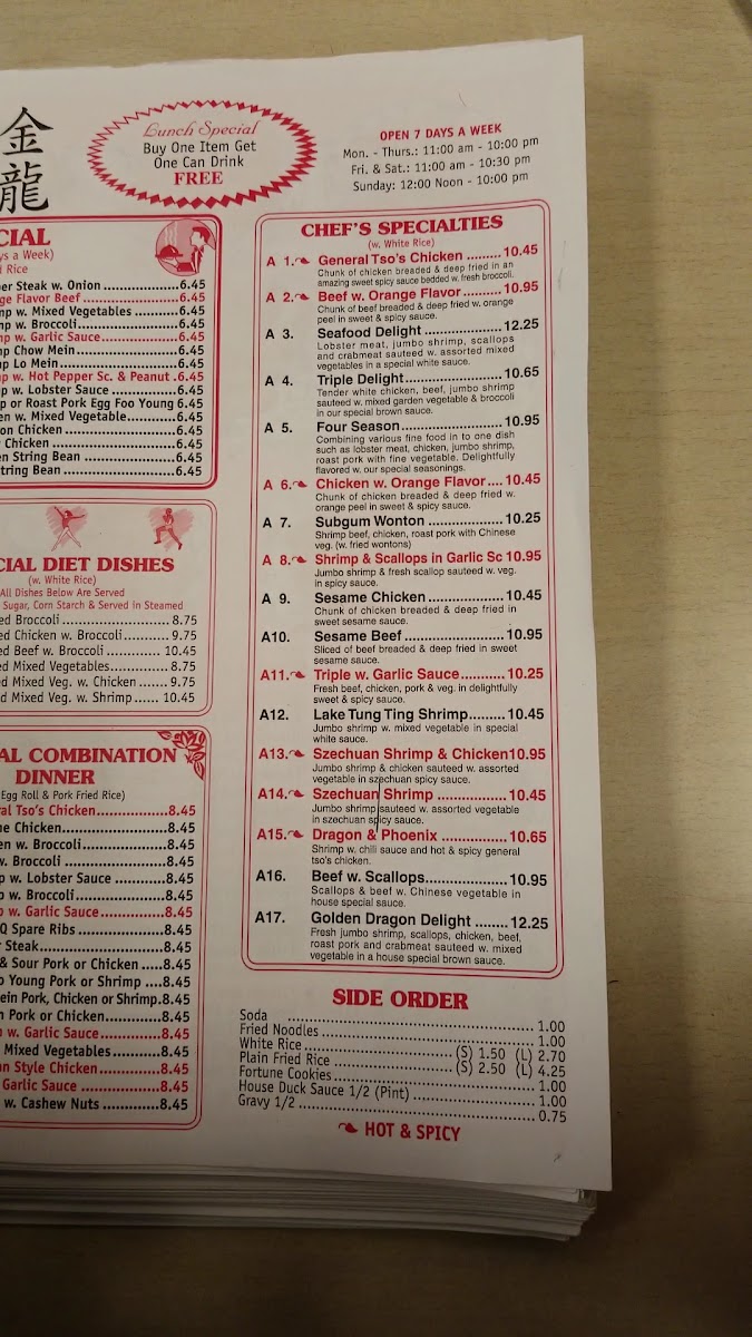 Golden Dragon menu board