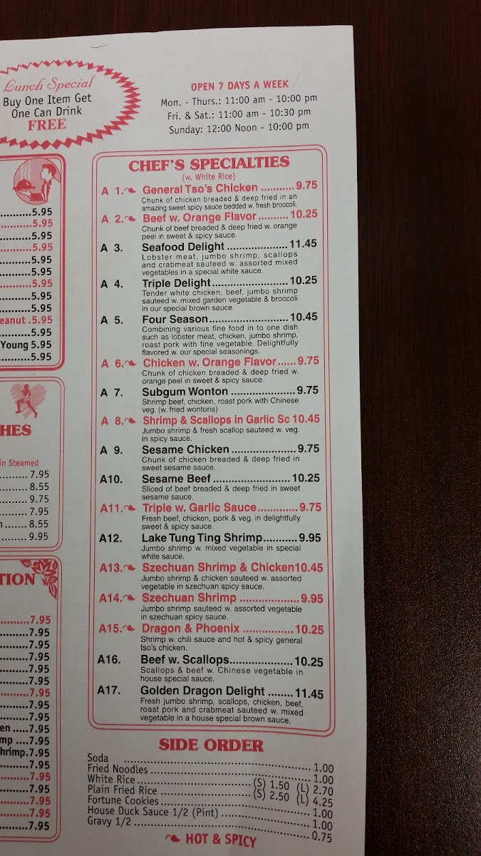 Golden Dragon menu board